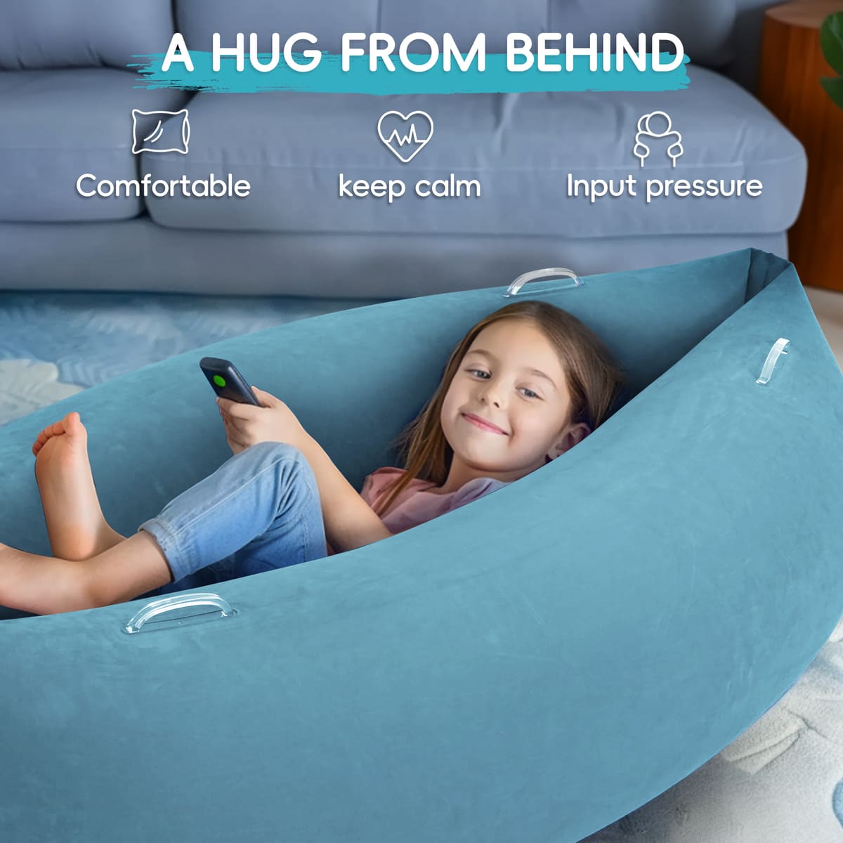Child lying in a blue inflatable hammock with text about comfort, calmness, and pressure relief.
