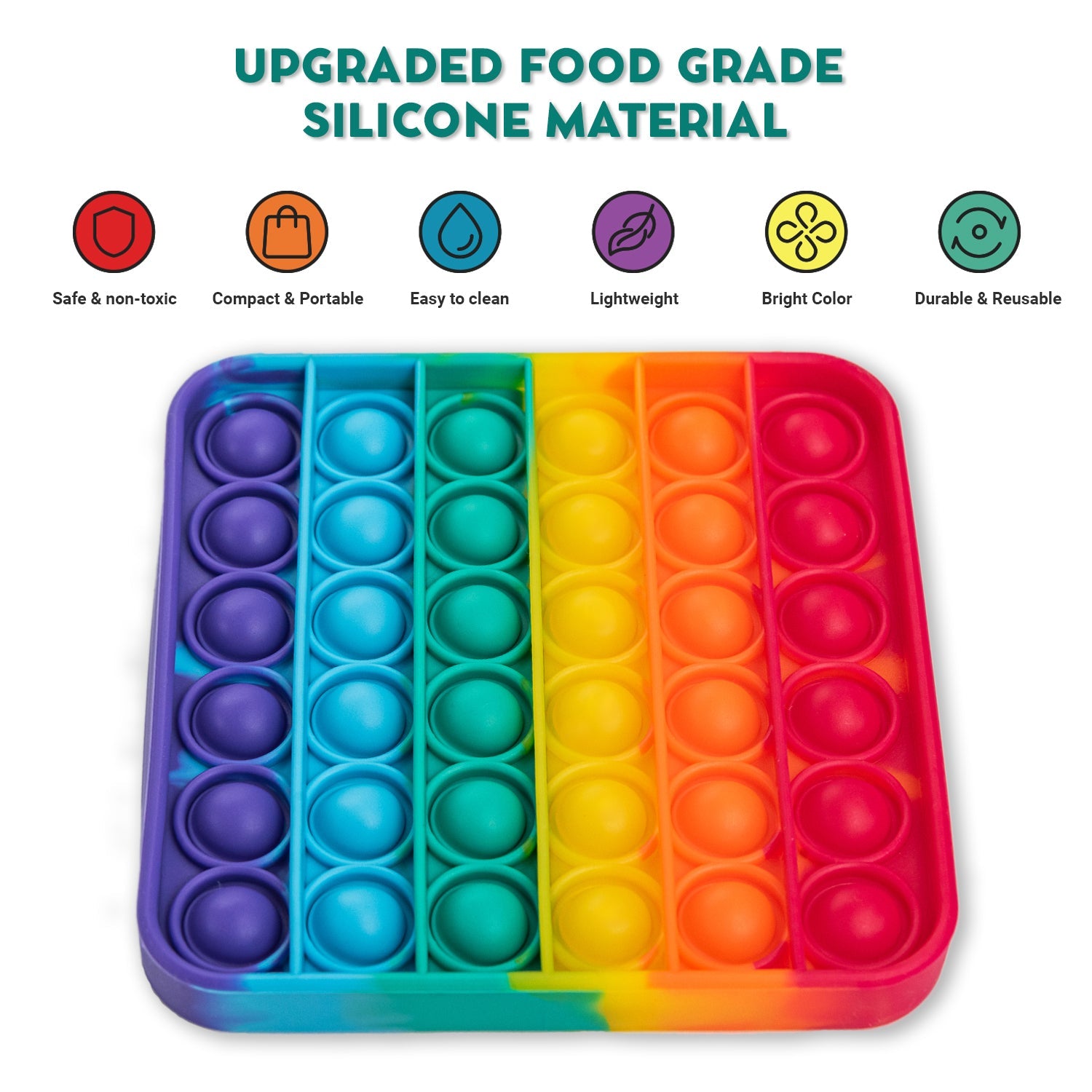 Rainbow-colored pop-it fidget toy with text about upgraded food-grade silicone material.