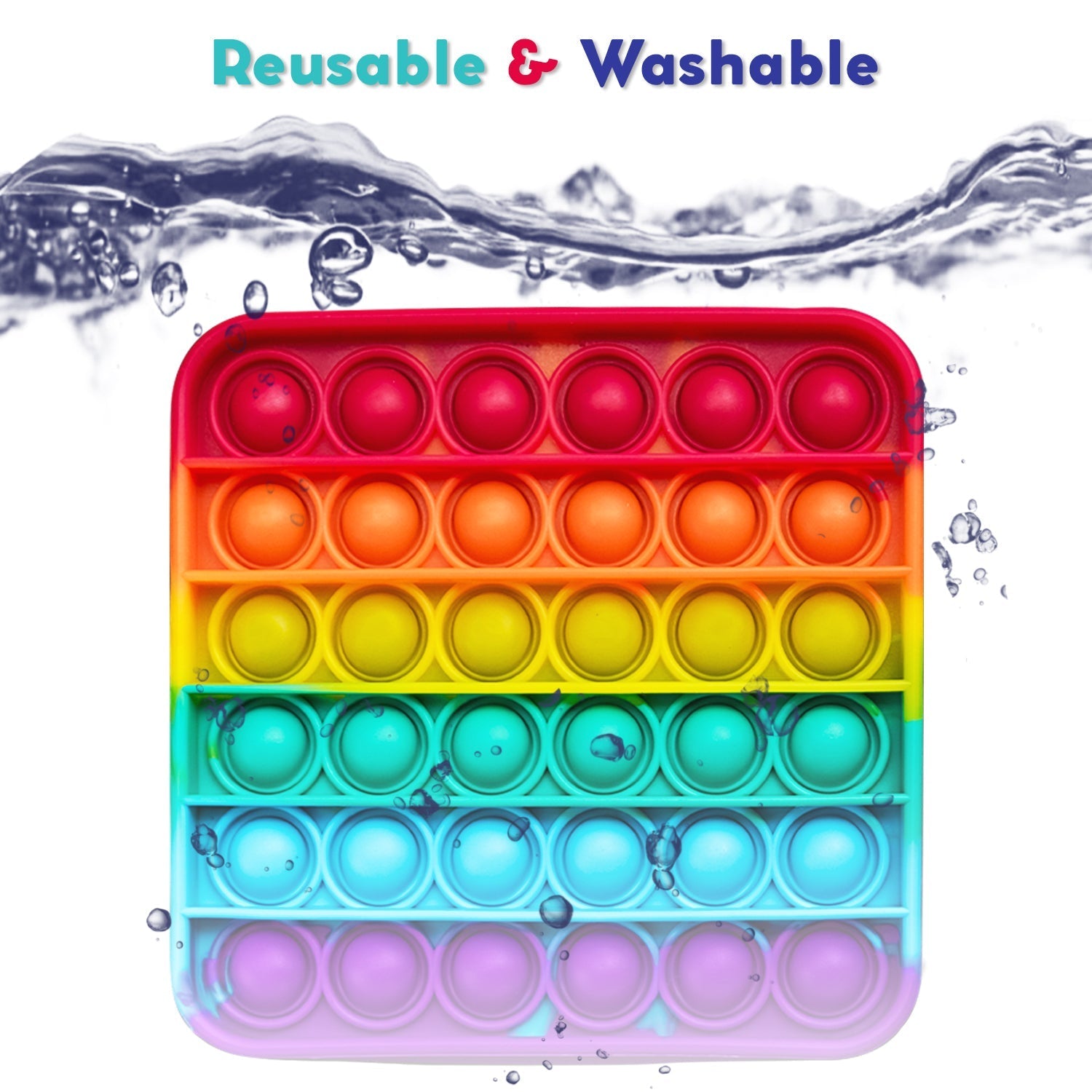 Colorful pop-it toy with water and bubbles in the background, labeled 'Reusable & Washable'.