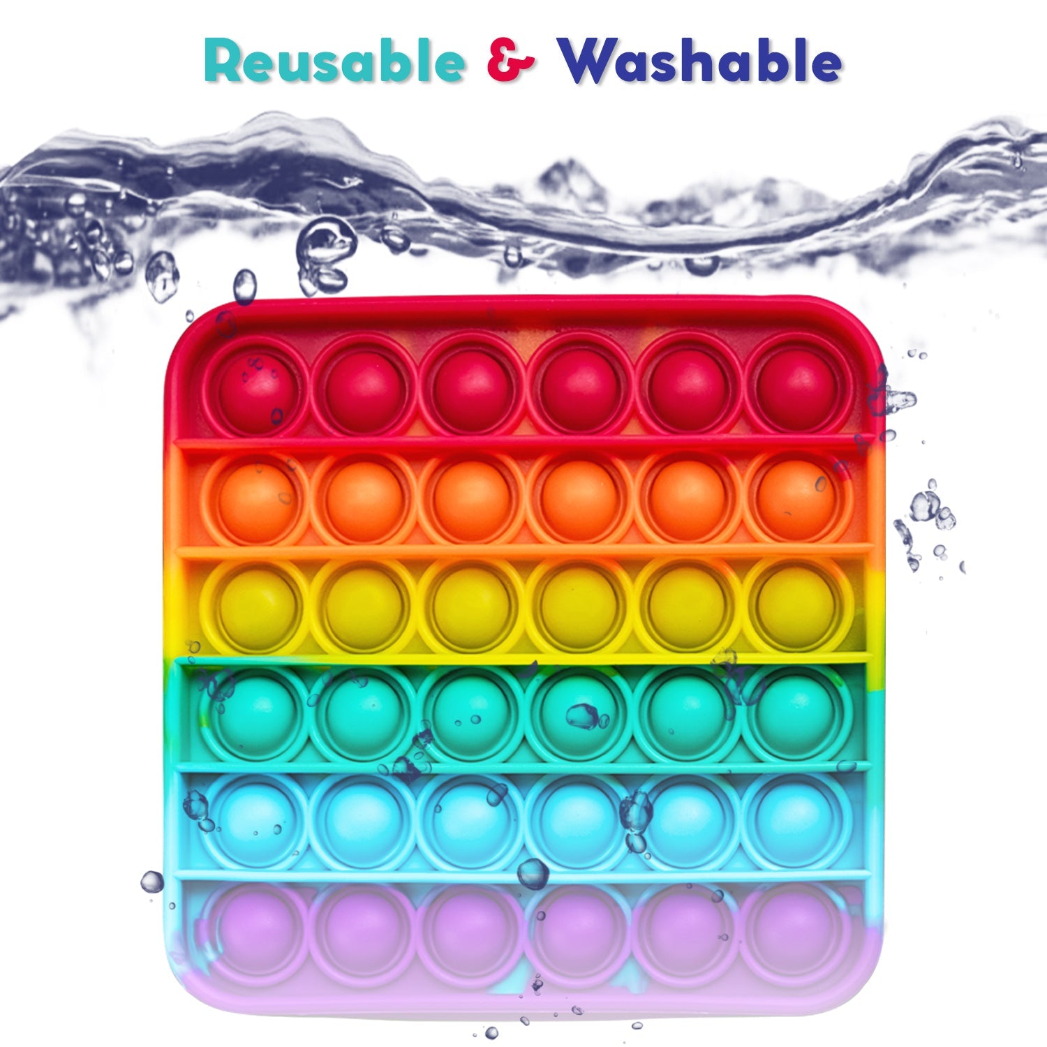 Colorful pop-it toy with water and bubbles in the background, labeled 'Reusable & Washable'.