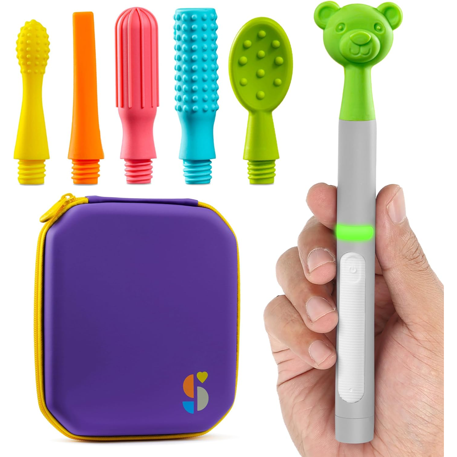 Colorful children's toothbrush set with a purple case and a hand holding a green and gray toothbrush.
