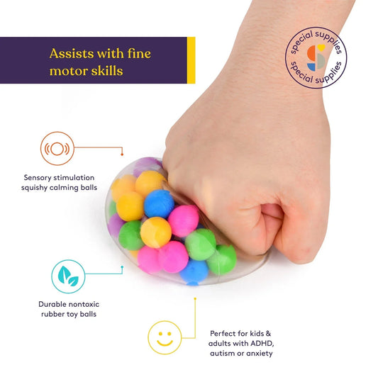 Hand squeezing sensory stress ball with colorful rubber beads, aids fine motor skills for ADHD, autism.