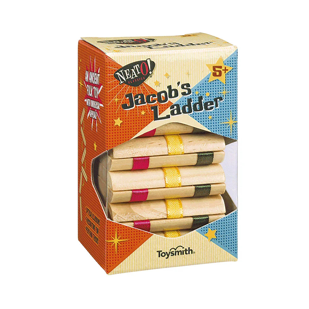 Toysmith Jacob's Ladder wooden fidget toy in colorful box with red, yellow, and green ribbons