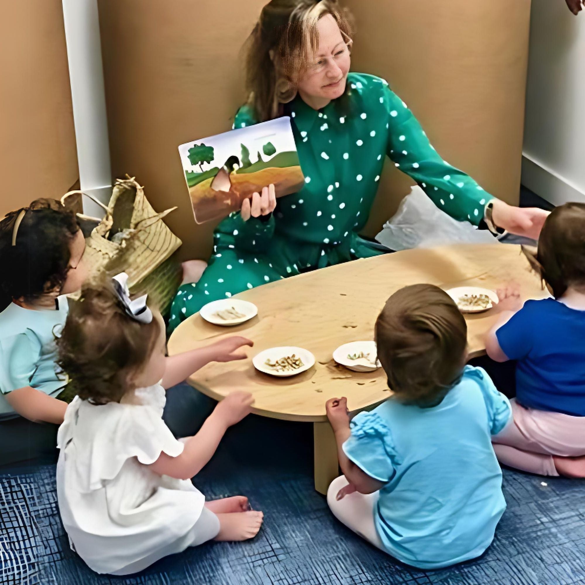Teacher in a green dress with white polka dots reading to a group of children around a wooden table.