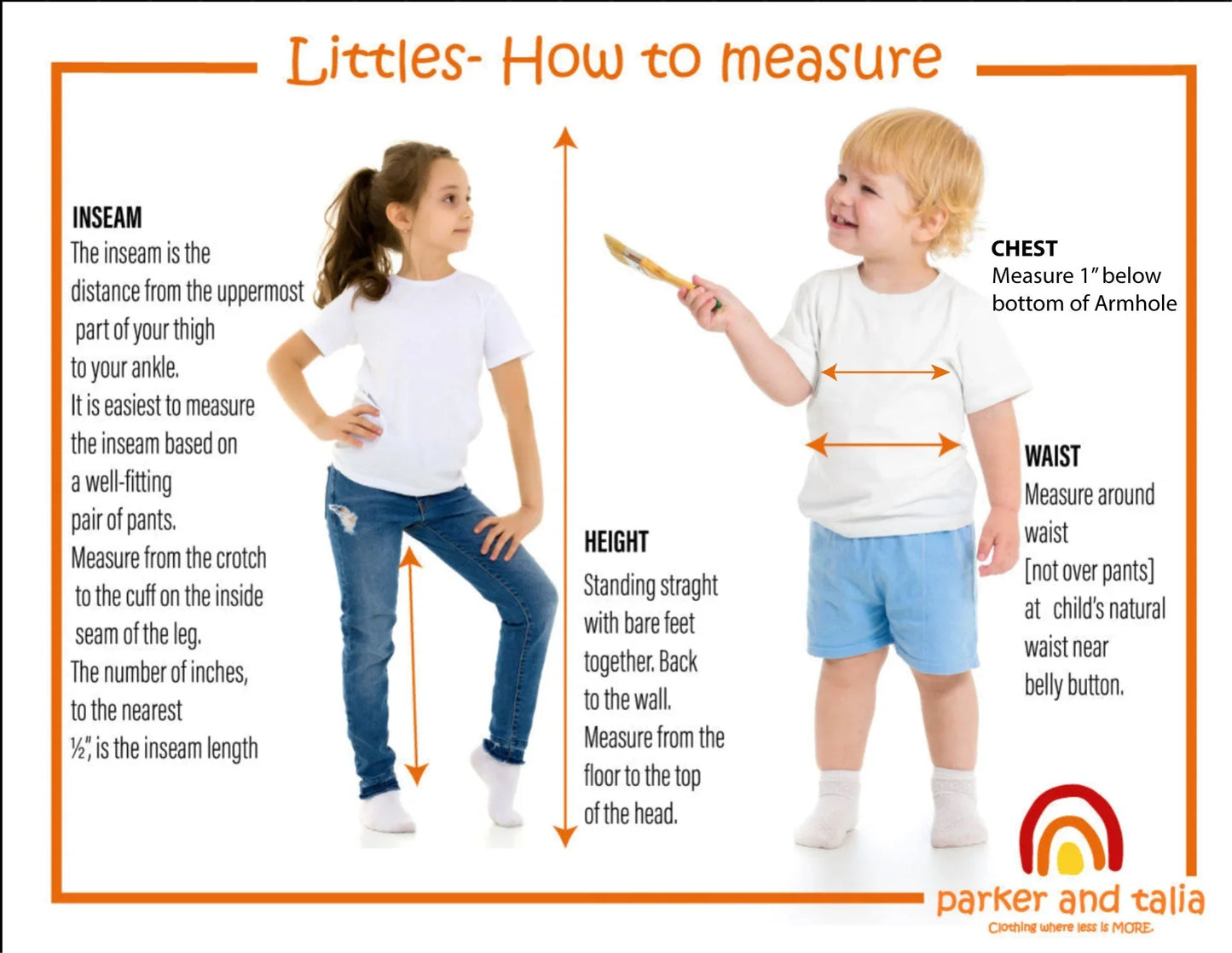 Guide showing how to measure kids for clothing: inseam, chest, waist, and height with two children.
