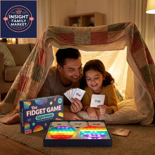 Father and daughter playing sight words fidget game under blanket fort, sensory learning tools