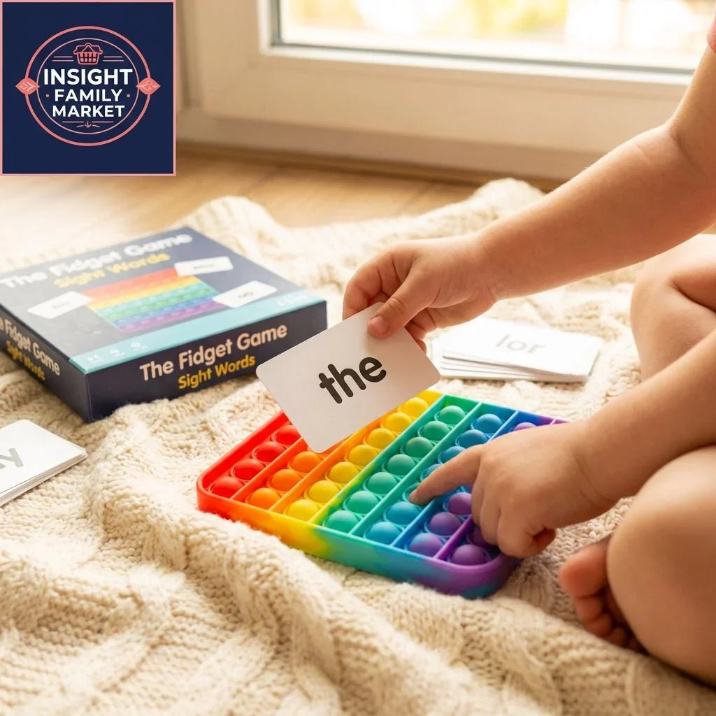 Child playing sight words fidget game with rainbow pop it and flash cards for sensory learning