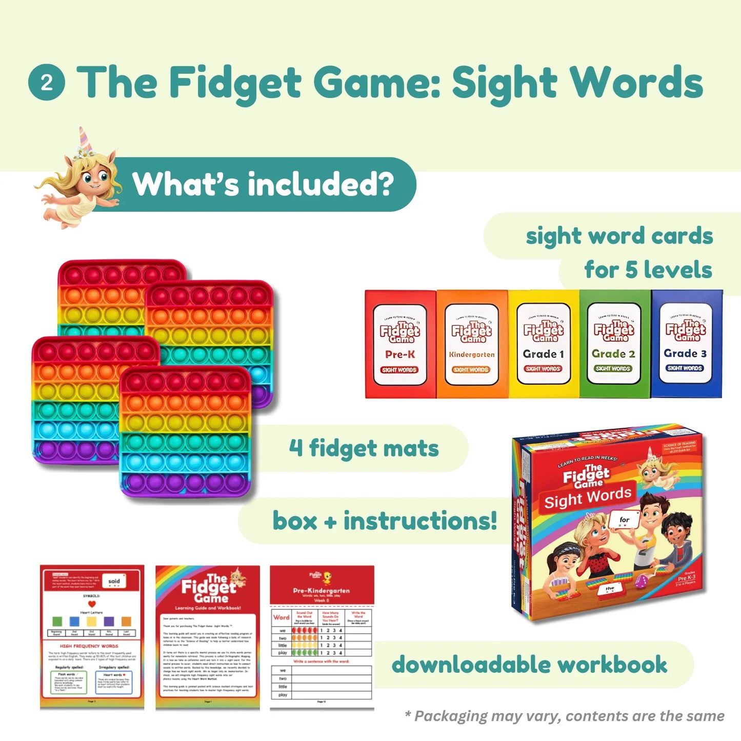 The Fidget Game: Sight Words includes rainbow fidget mats, sight word cards, box, and workbook