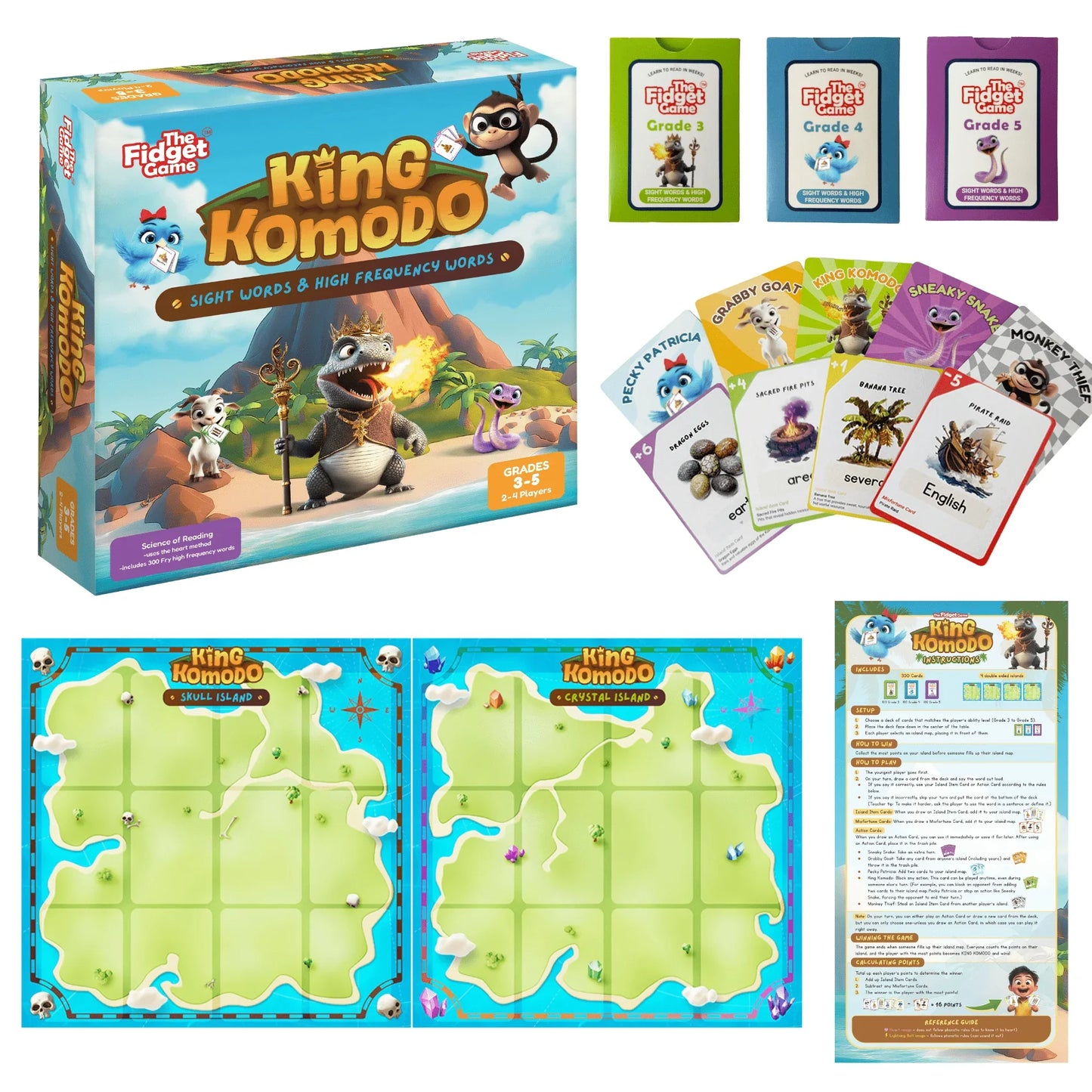 King Komodo sight words board game set for grades 3-5, educational cards and game boards