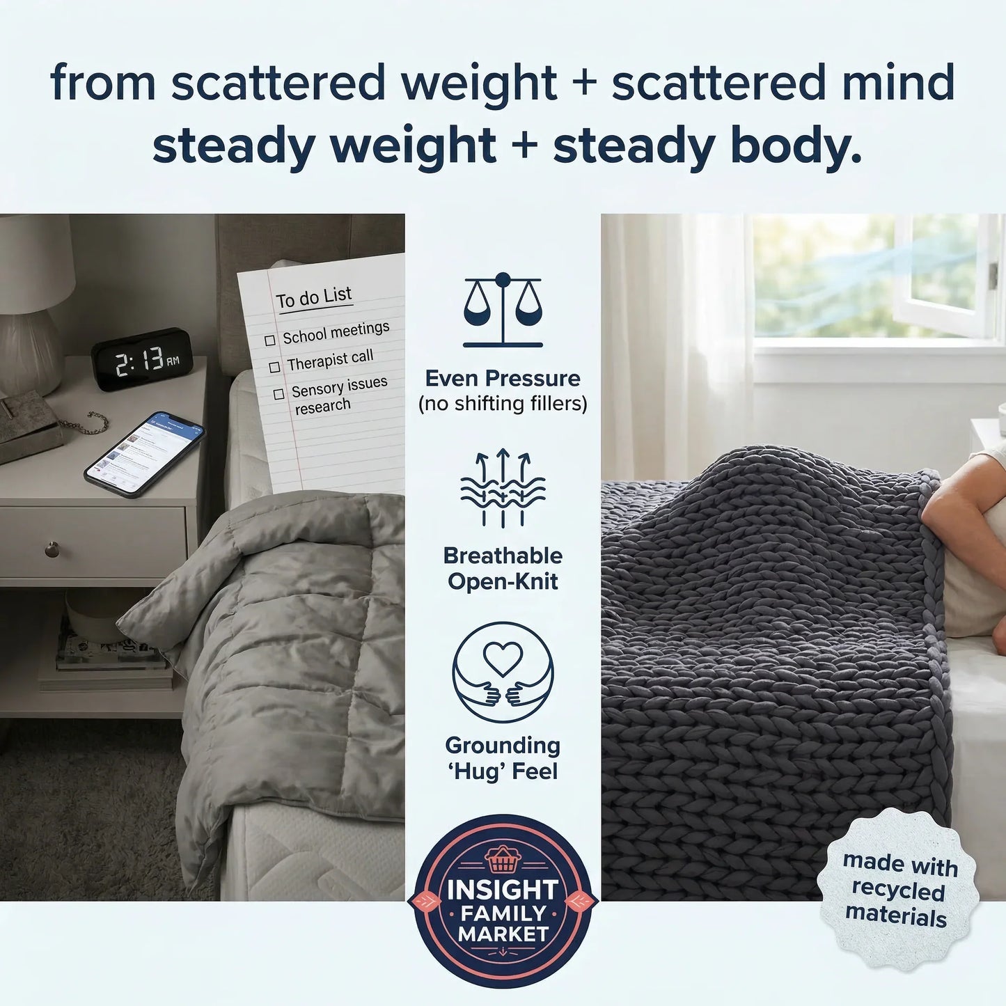 Chunky knit weighted blanket on bed, sleep support benefits, calming for sensory needs