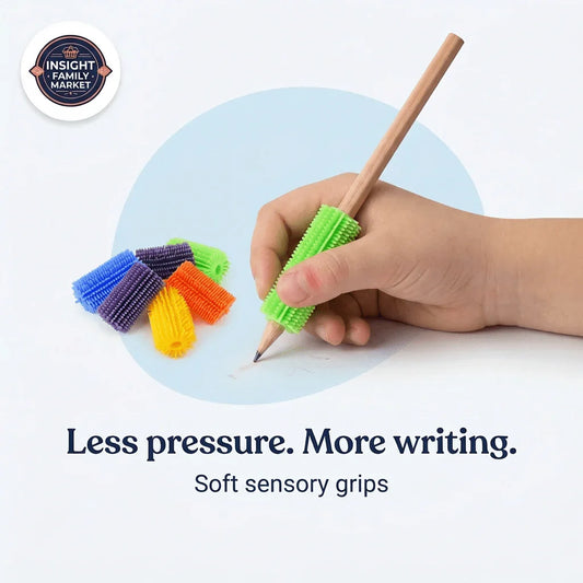 Hand holding pencil with green sensory grip, colorful pencil grips nearby, promoting easy writing