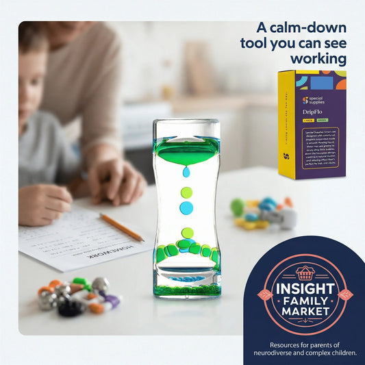 Sensory liquid timer calm-down tool with green and blue drops on a desk, child in background.