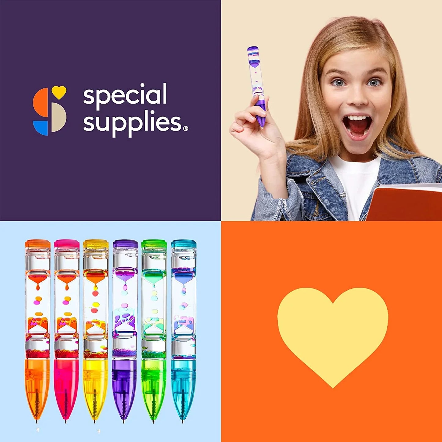 Sensory liquid motion pens in assorted colors, child excited, and heart graphics.