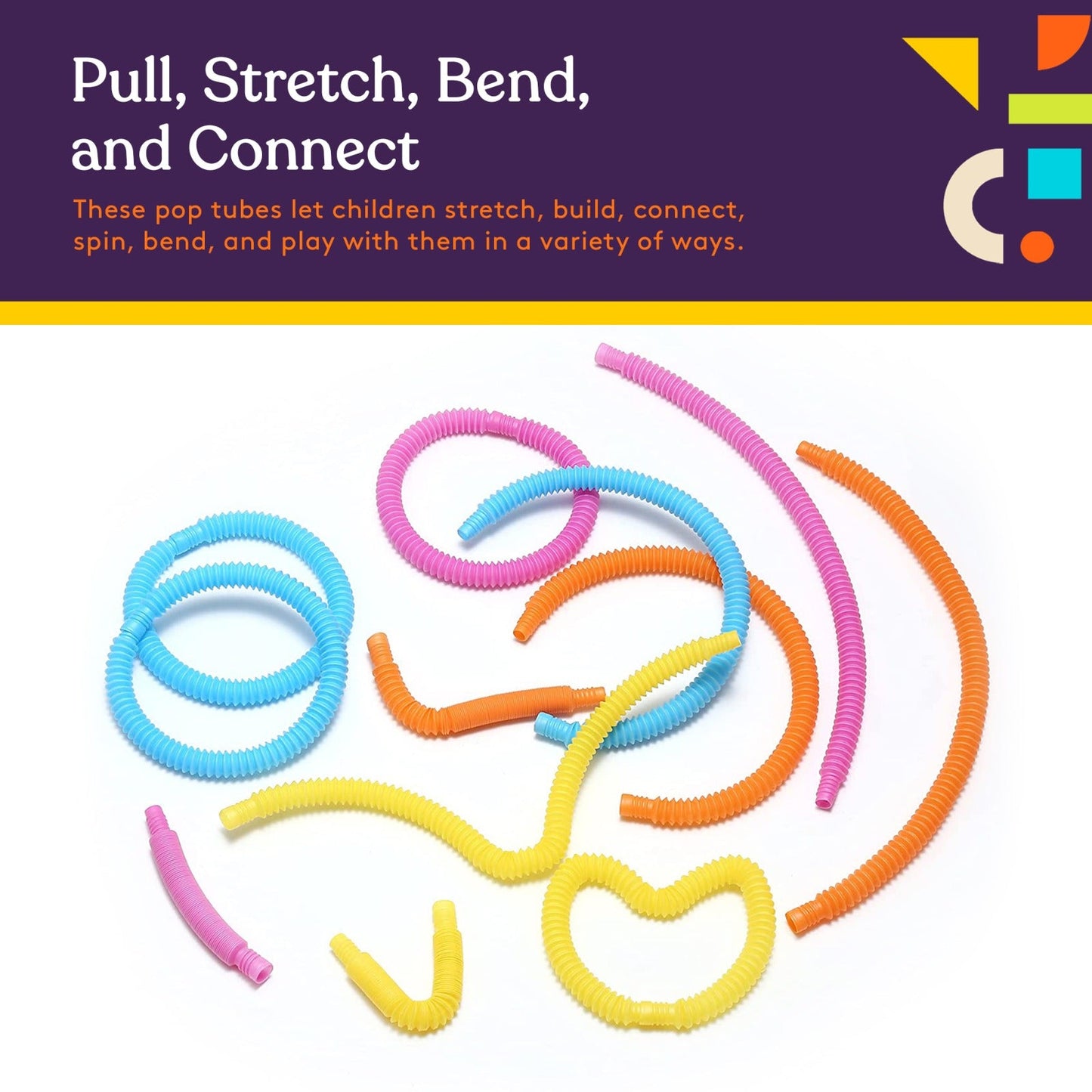 Special Supplies 12-Pack MINI Fun Pull and Pop Tubes for Kids Stretch, Bend, Build, and Connect Toy, Provide Tactile and Auditory Sensory Play, Colorful, Heavy-Duty Plastic (Primary)
