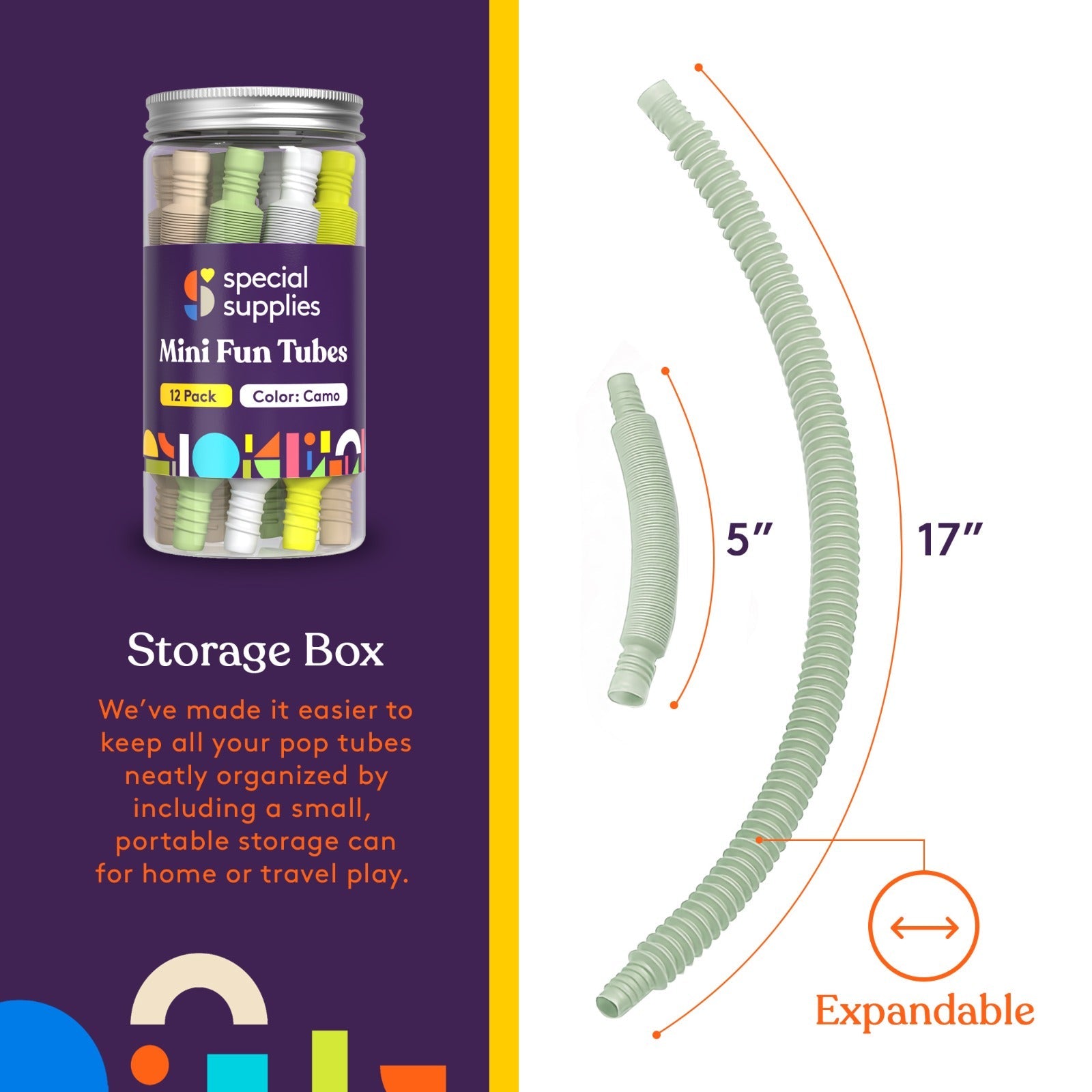 Special Supplies 12 - Pack MINI Fun Pull and Pop Tubes for Kids Stretch, Bend, Build, and Connect Toy, Provide Tactile and Auditory Sensory Play, Colorful, Heavy - Duty Plastic (Camo) - Insight Family Market