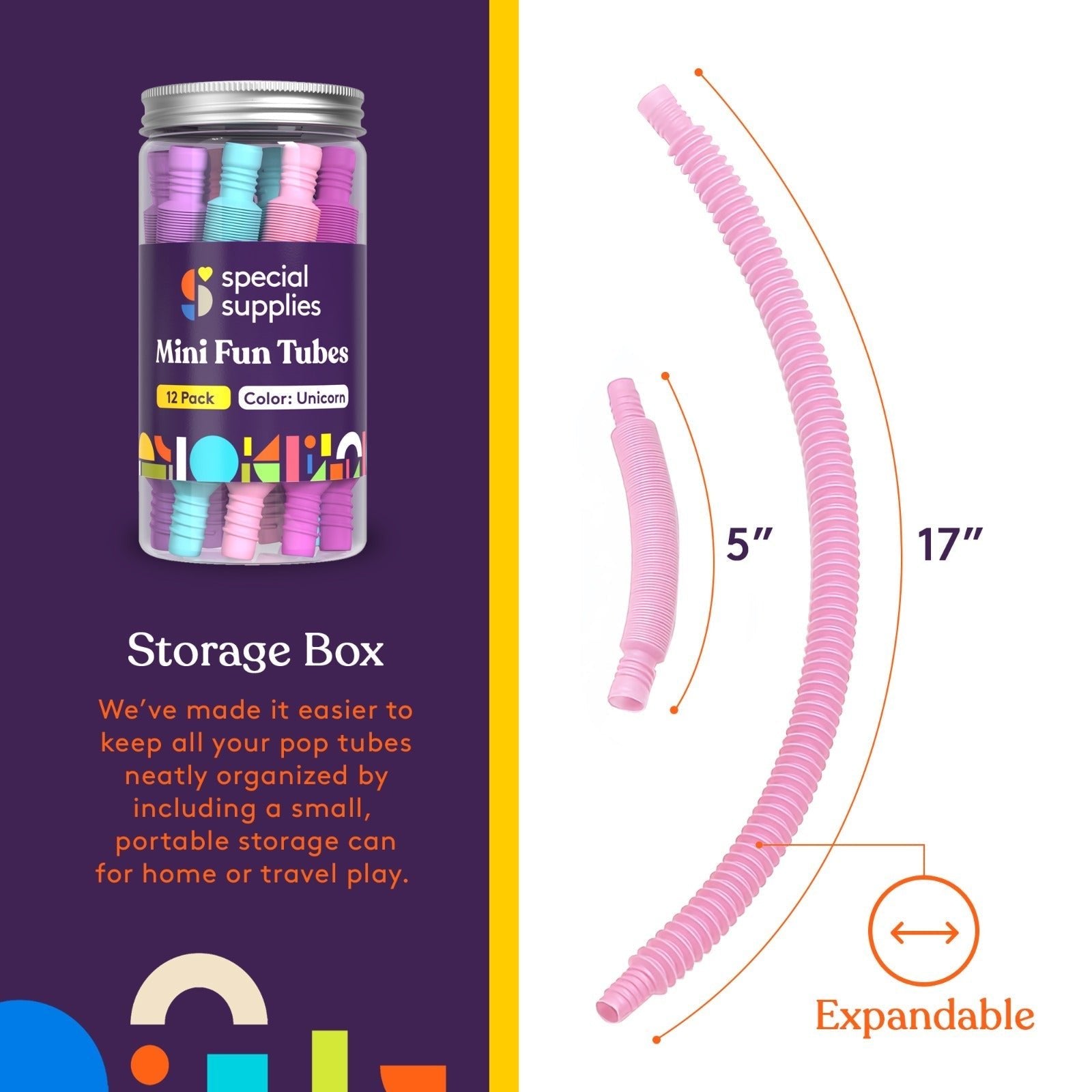 Special Supplies 12 - Pack MINI Fun Pull and Pop Tubes for Kids Stretch, Bend, Build, and Connect Toy, Provide Tactile and Auditory Sensory Play, Colorful, Heavy - Duty Plastic (Unicorn) - Insight Family Market