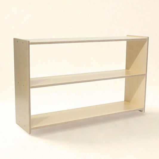Wooden Montessori shelf with three open tiers, child-friendly open storage design