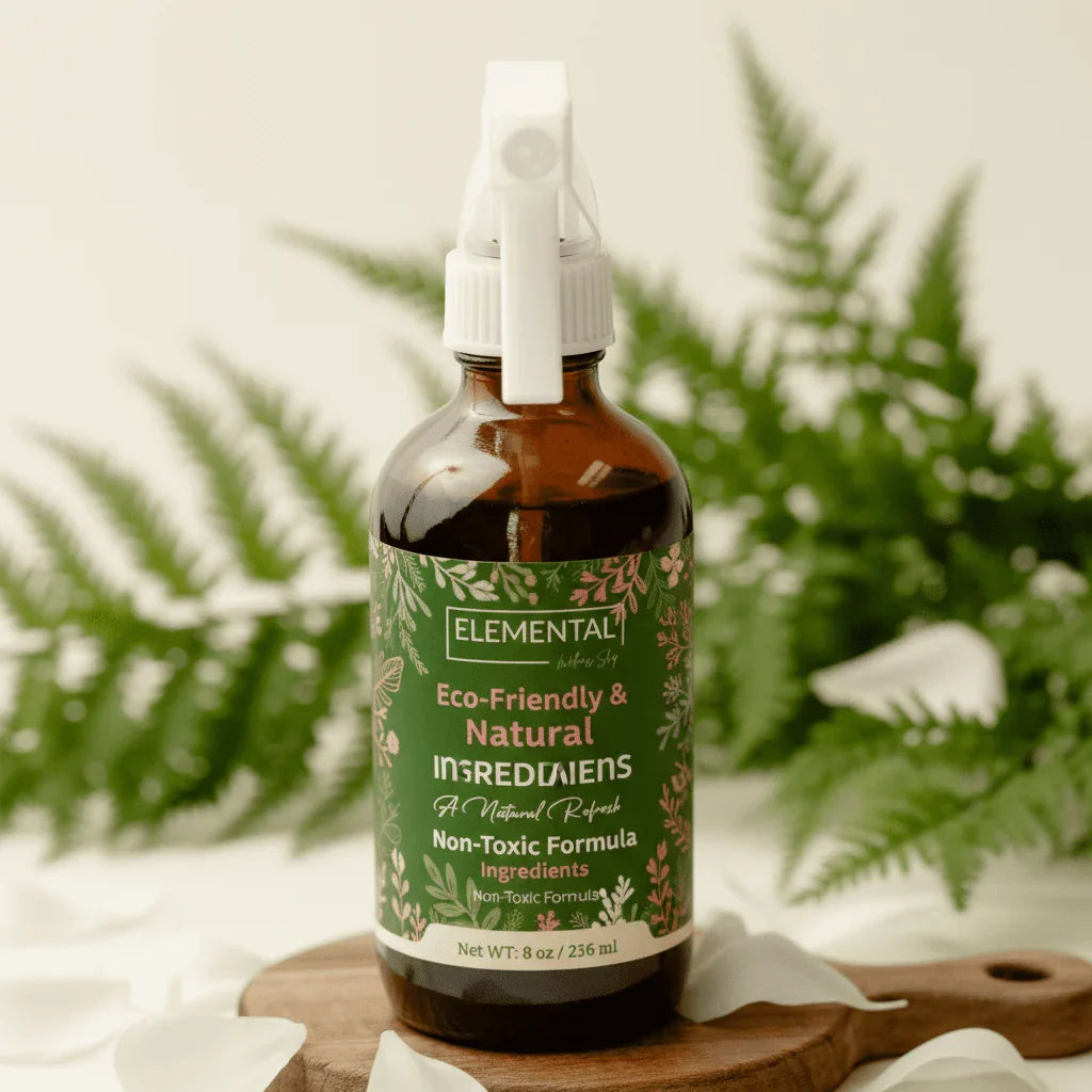 Eco-friendly natural ingredient spray bottle with green label on wooden board, leafy background