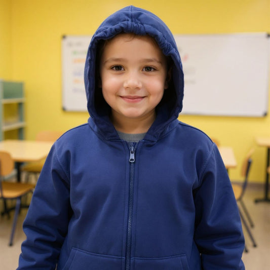 Child wearing a blue hoodie in a classroom setting