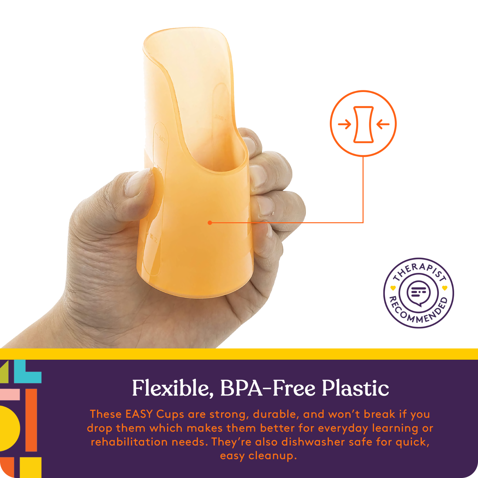 Hand holding a yellow EASY Cup with text about flexible, BPA-free plastic on a white background