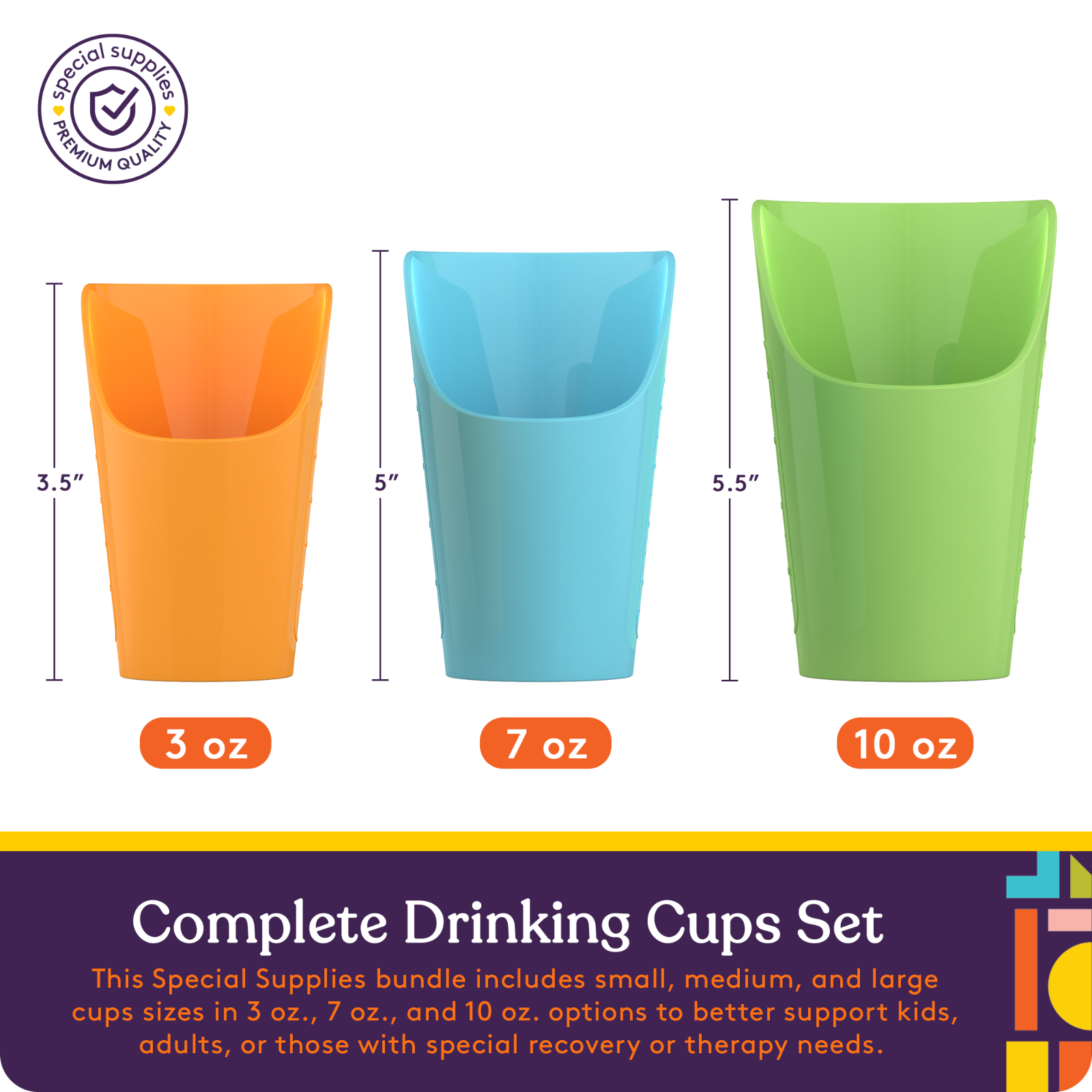 Three colorful drinking cups with measurements and a description of a complete drinking cups set.