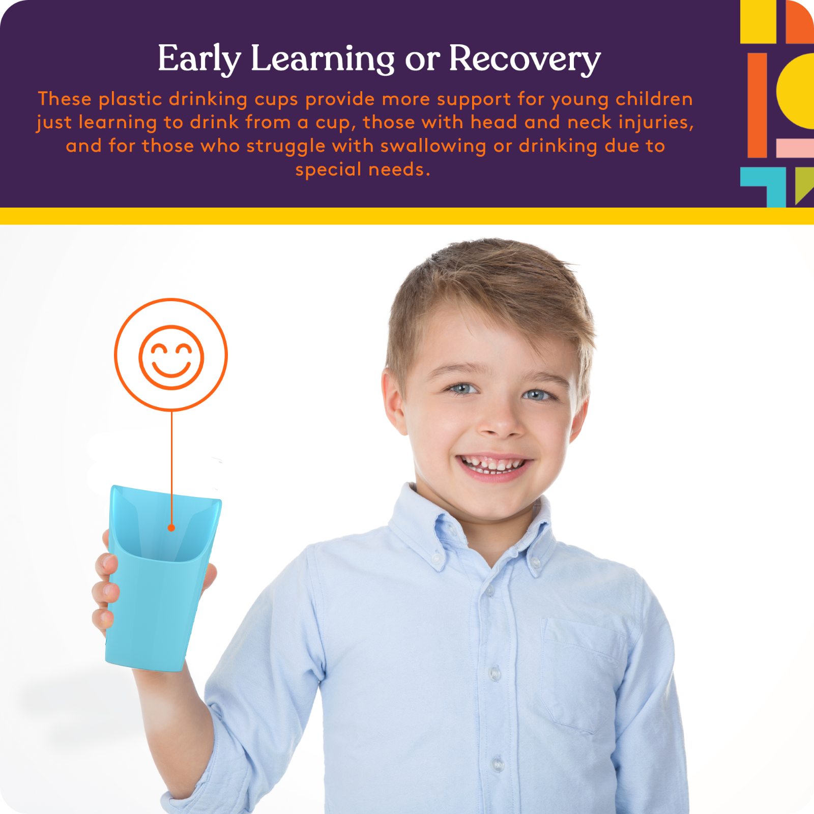 Child holding a blue cup with text about early learning or recovery support.