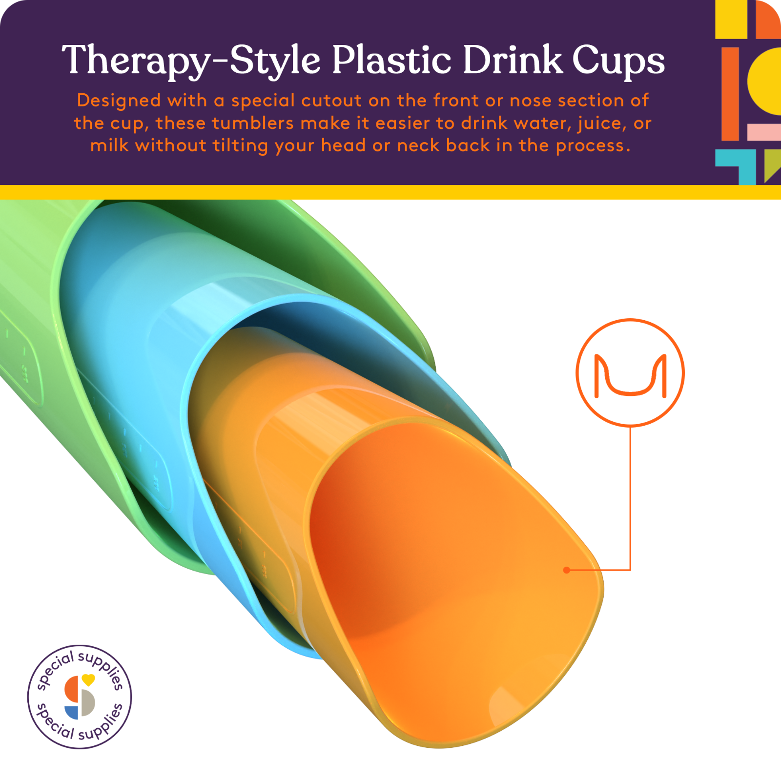 Colorful therapy-style plastic drink cups with a special cutout design on a white background.