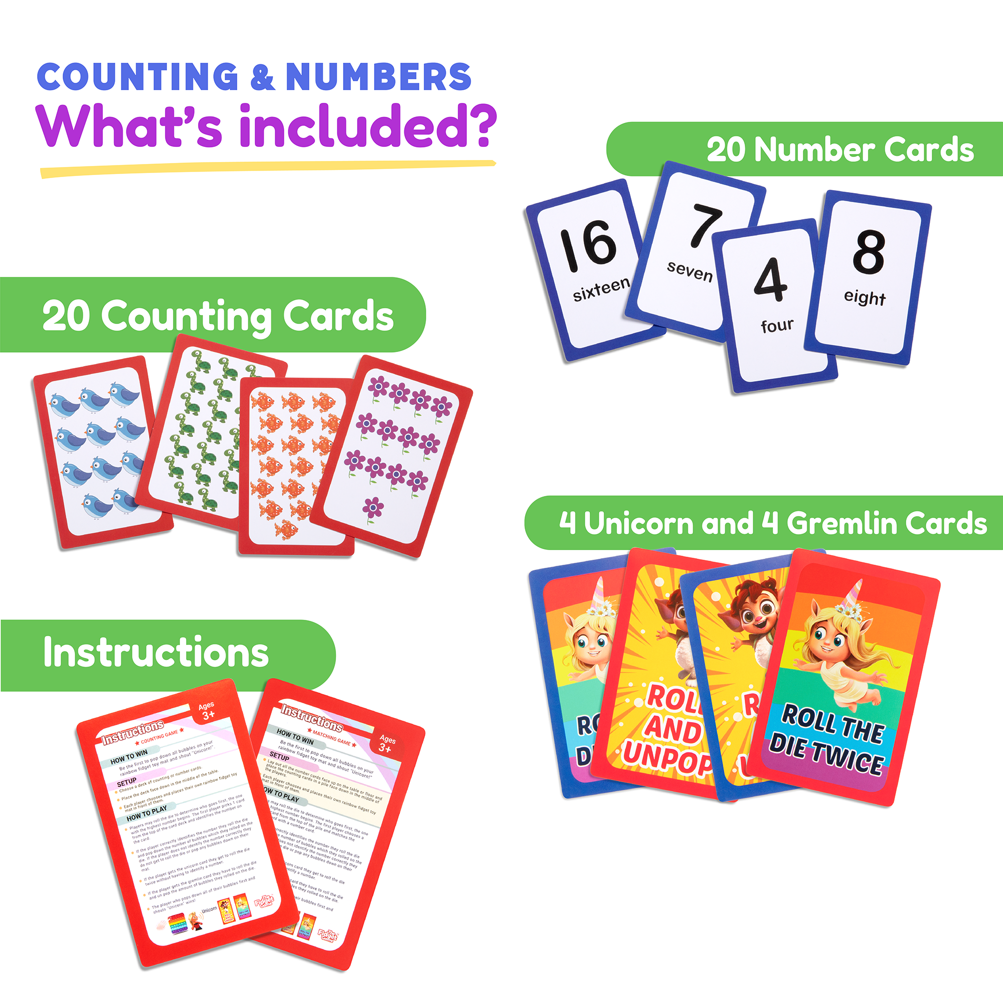 Educational card set with counting cards, unicorn cards, and gremlin cards on a white background.