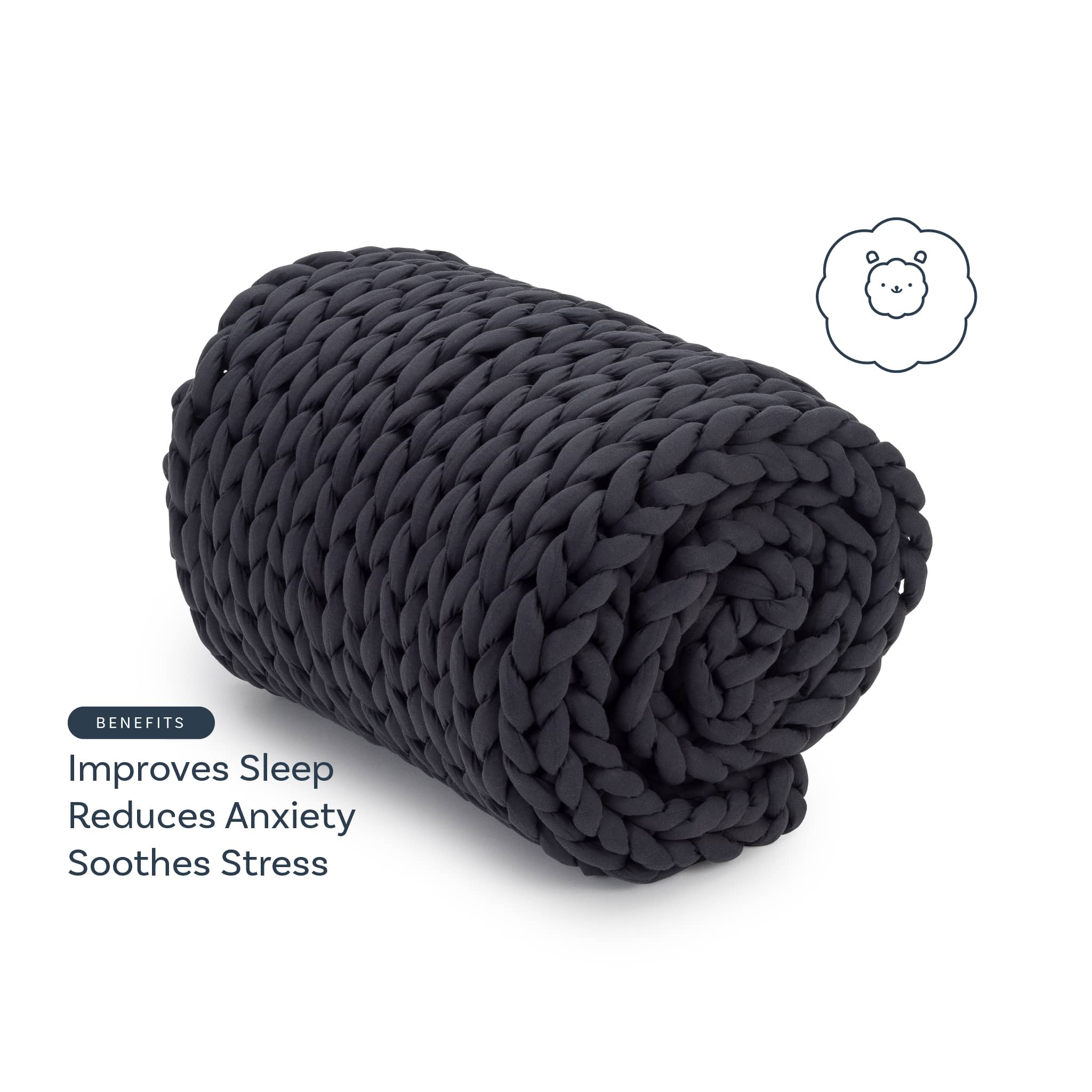 Black knitted blanket on a white background with text about benefits.