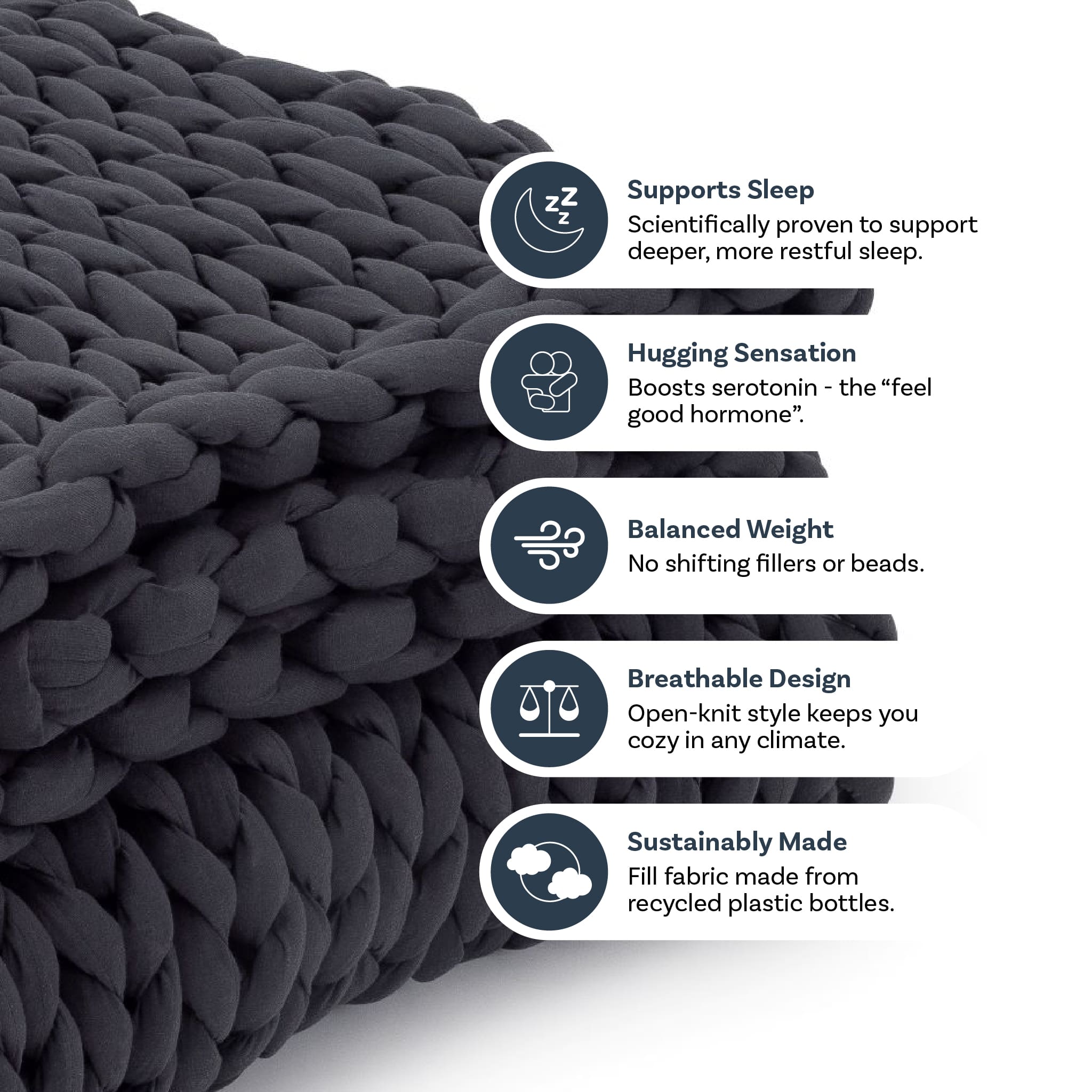 Black woven blanket with features listed on a white background
