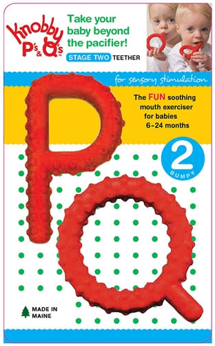 Knobby P's teether packaging with two babies using the product on a white background
