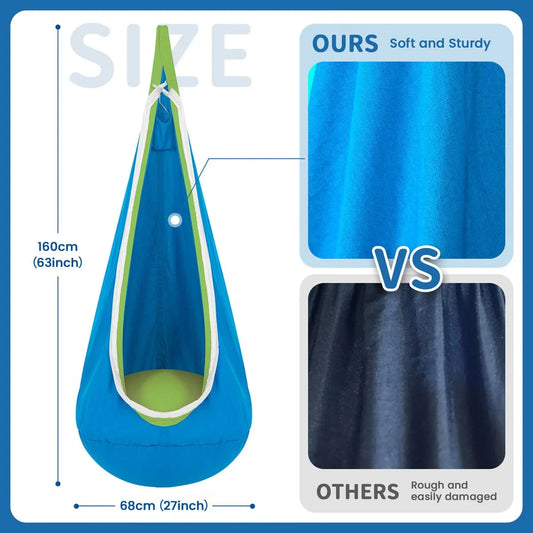 Blue sensory pod swing with soft fabric, 160cm height, 68cm base, sturdy for kids.
