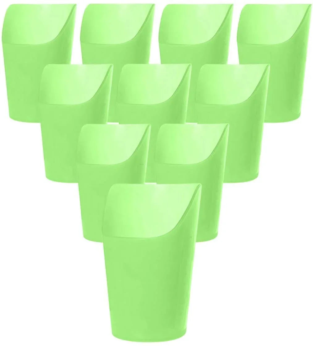 Set of ten green flexible sensory drinking cups for special needs, arranged in rows