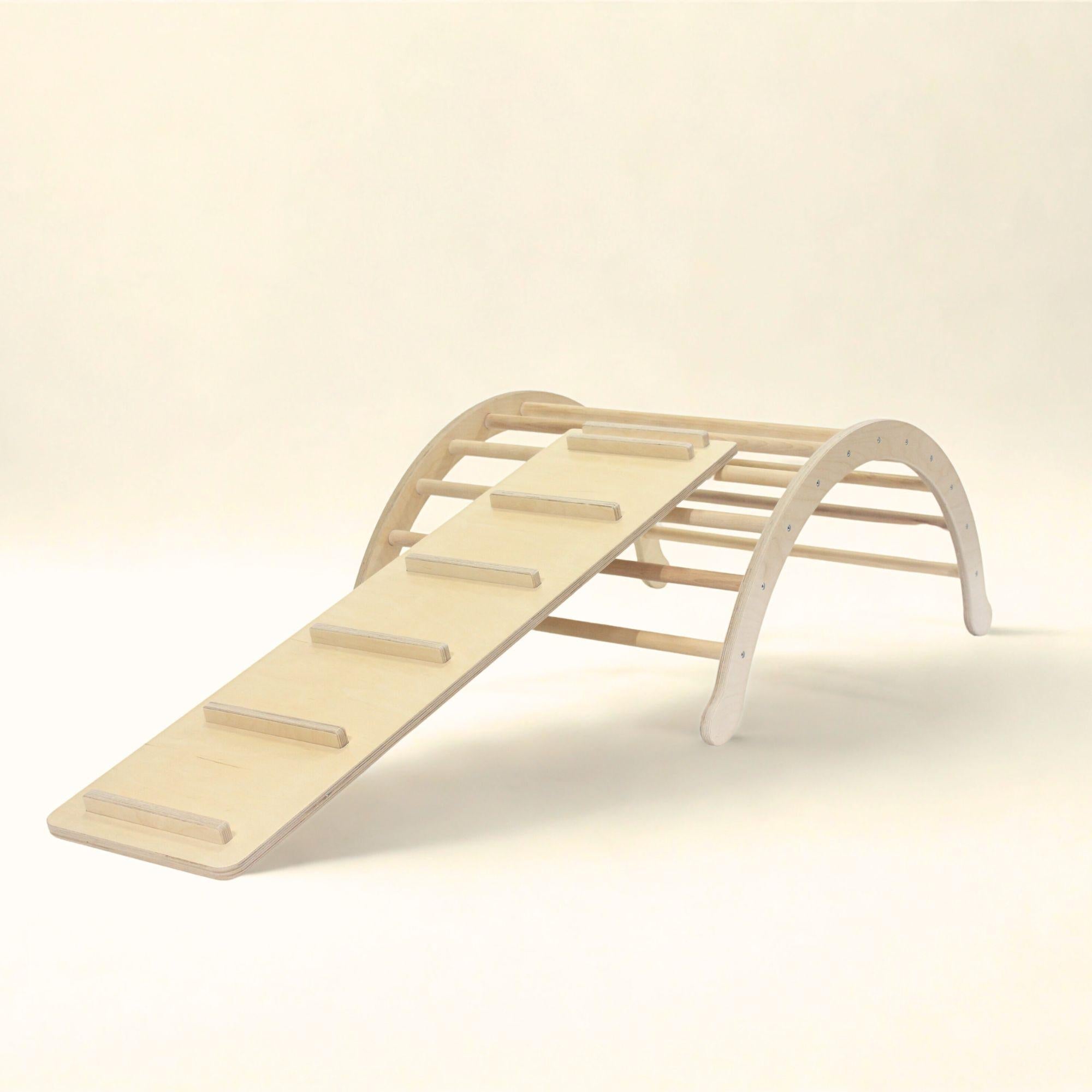 Wooden pet ramp on a light beige background