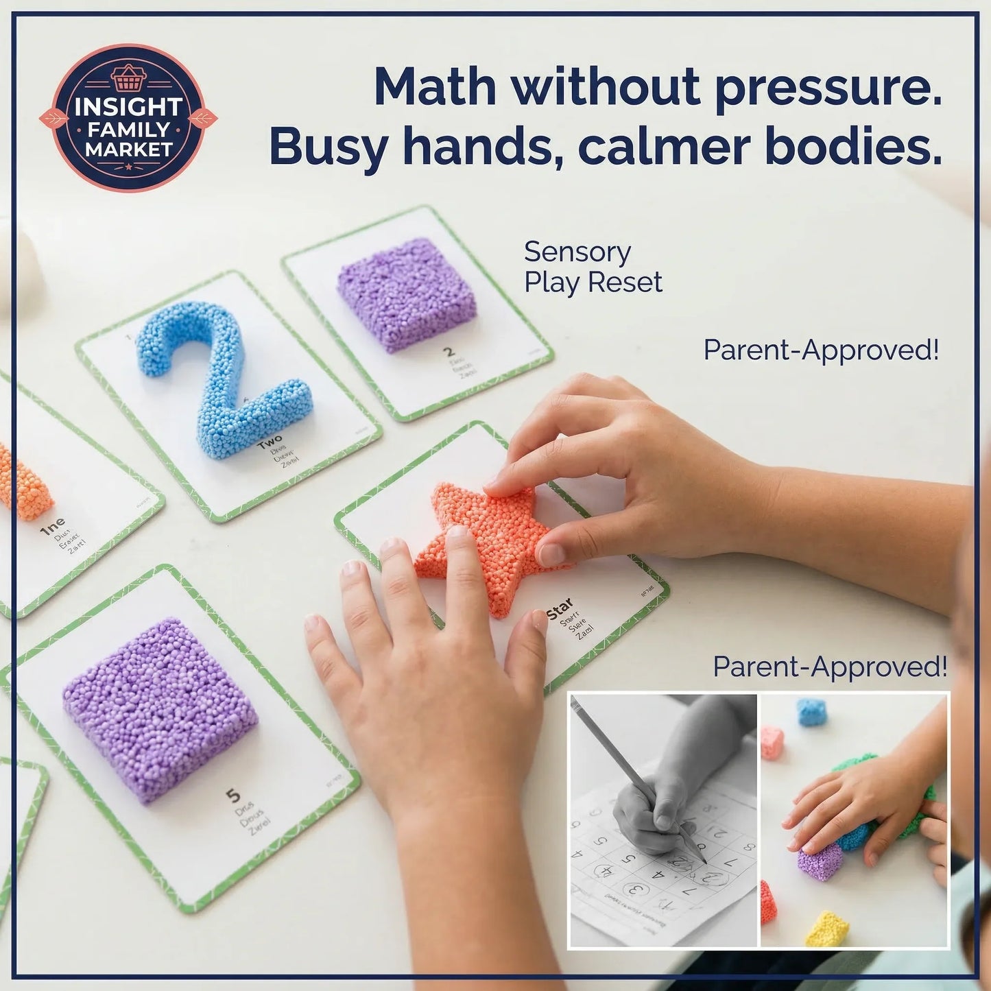 Children's hands interacting with educational sensory play mats on a white surface, with text about math without pressure and parent-approved products.