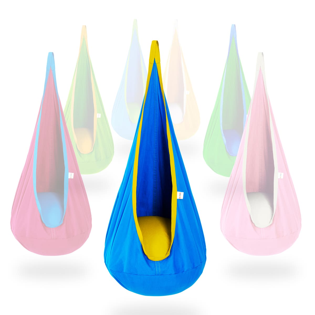 Colorful hanging nests on a white background