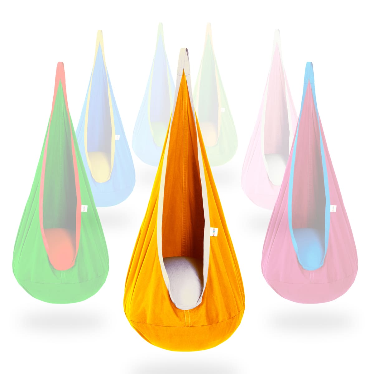 Colorful hanging pod chairs on a white background