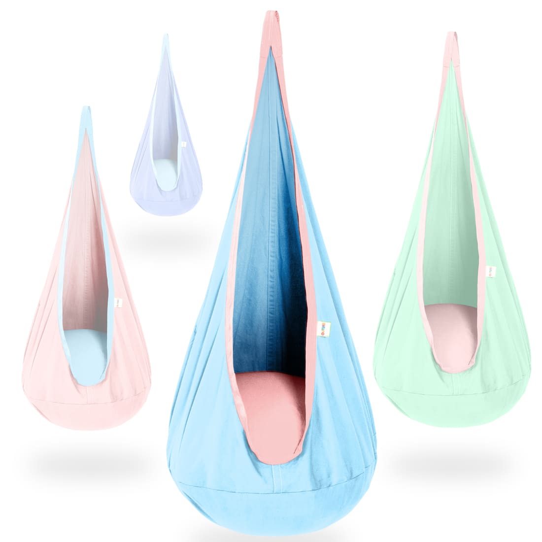 Set of four colorful baby hammocks hanging against a white background
