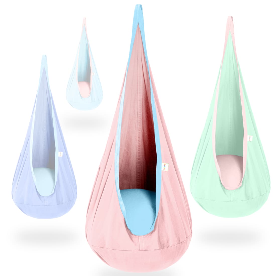 Set of three colorful baby hammocks hanging against a white background