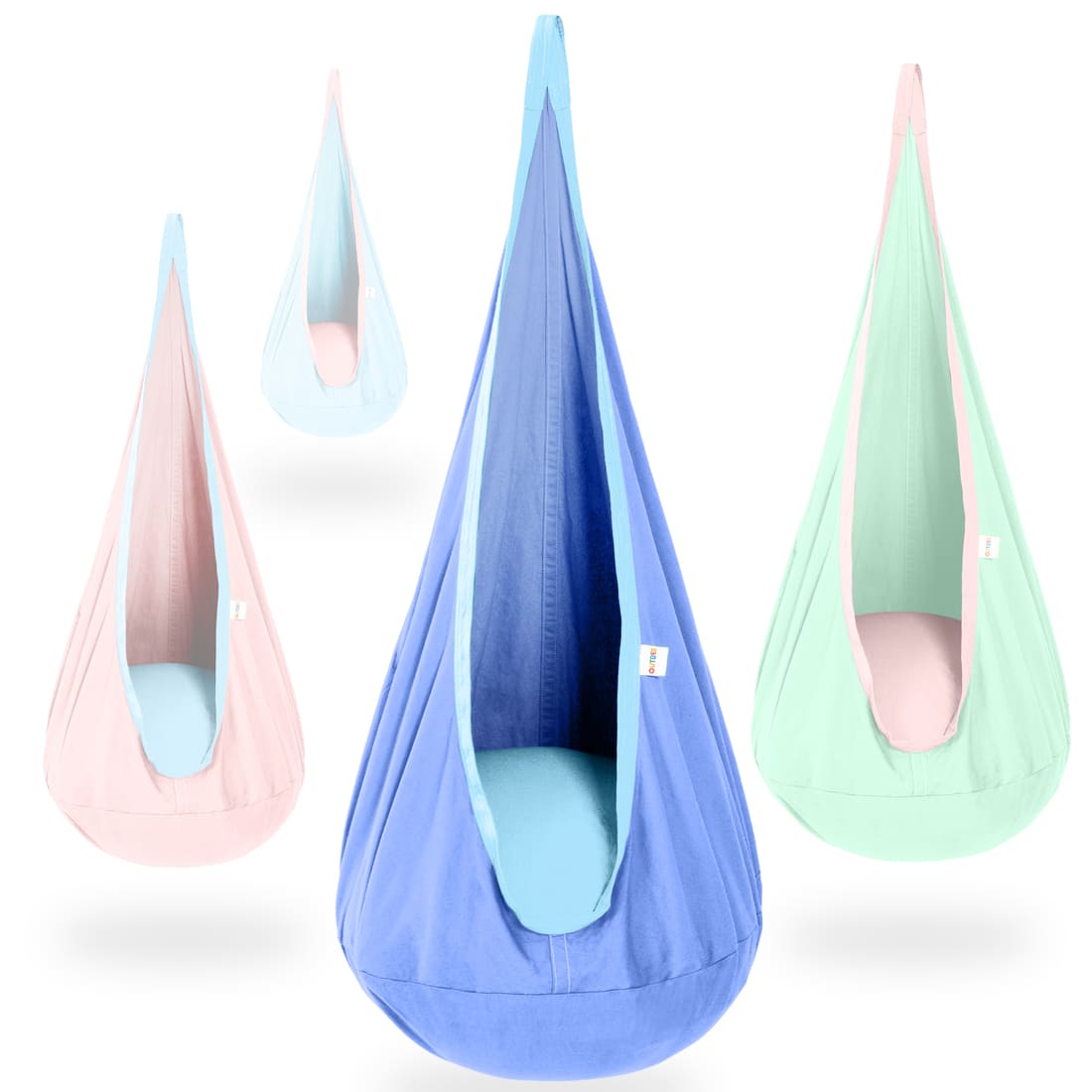 Set of four colorful hanging chairs on a white background