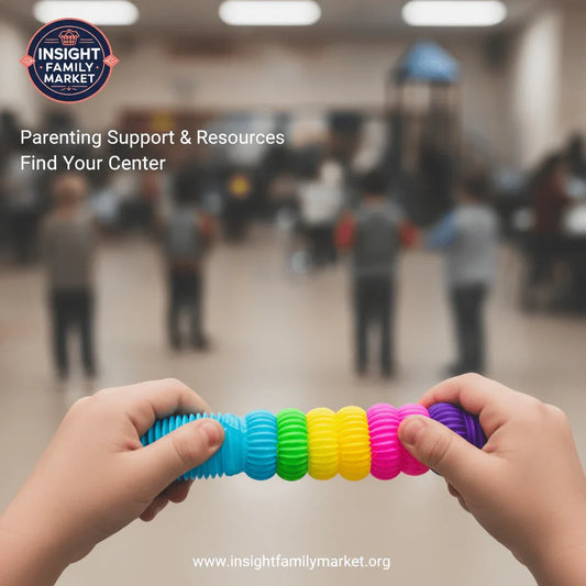 Child holding colorful sensory fidget toy in classroom, parenting support and resources text