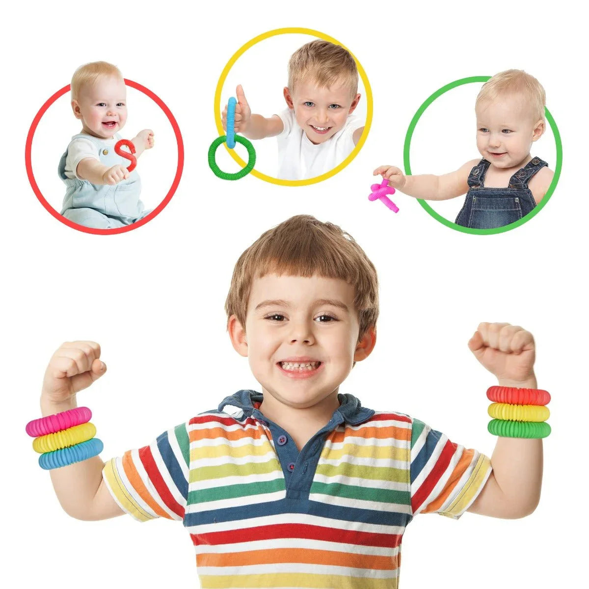 Smiling children playing with colorful sensory bracelets and chew toys for sensory support