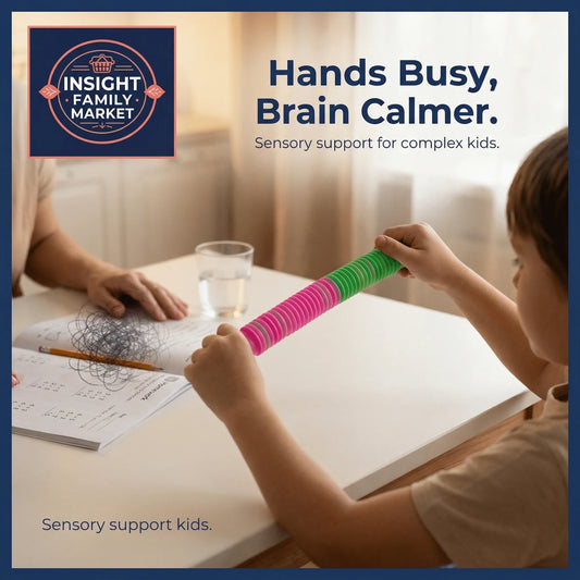 Child using pink and green sensory tube toy at desk with homework and water glass, sensory support