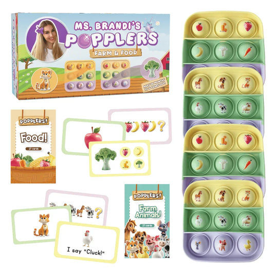 Educational farm and food themed sensory game with animal cards, food cards, and popper boards.
