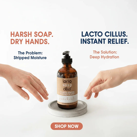 Moisturizing probiotic hand soap bottle with dry and hydrated hands comparison, shop now button