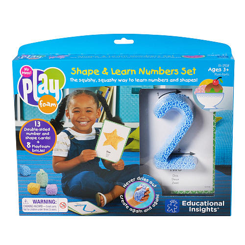 Educational Insights Play Foam Shape & Learn Numbers Set packaging with a child and foam number on a white background