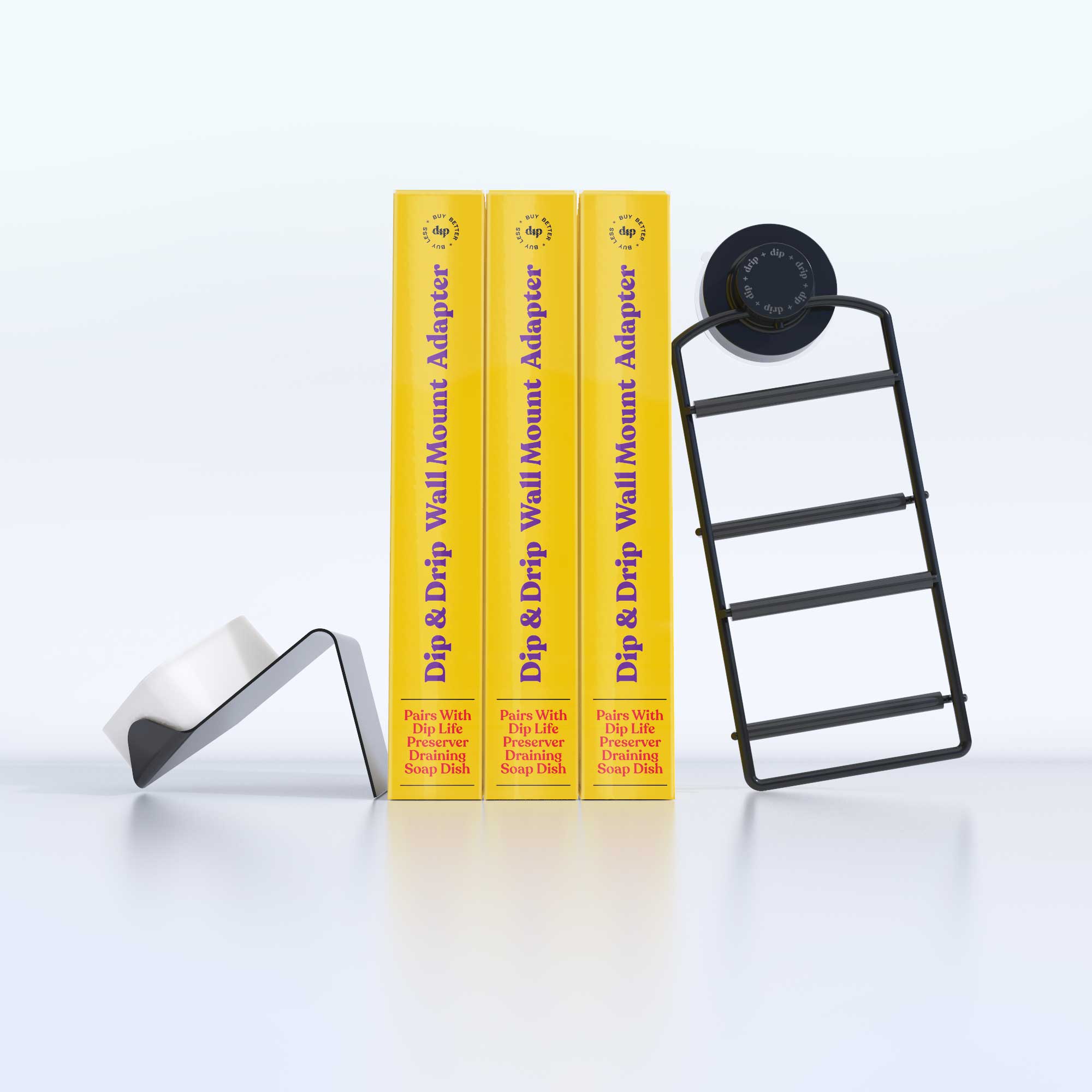 Three yellow boxes labeled 'Dip & Dip Wall Mount Adapter' with a black wall mount adapter on a white background.