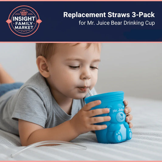 Toddler drinking from blue bear cup with clear replacement straw, sensory-friendly drinking aid