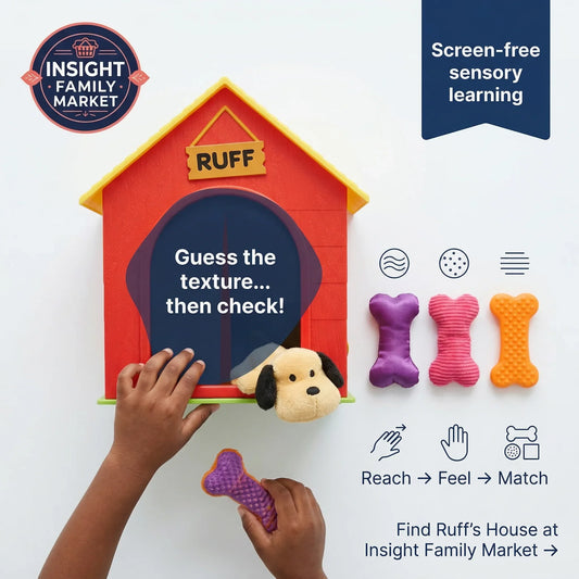 Children's toy with a red doghouse-shaped board and textured bones, featuring Insight Family Market branding.