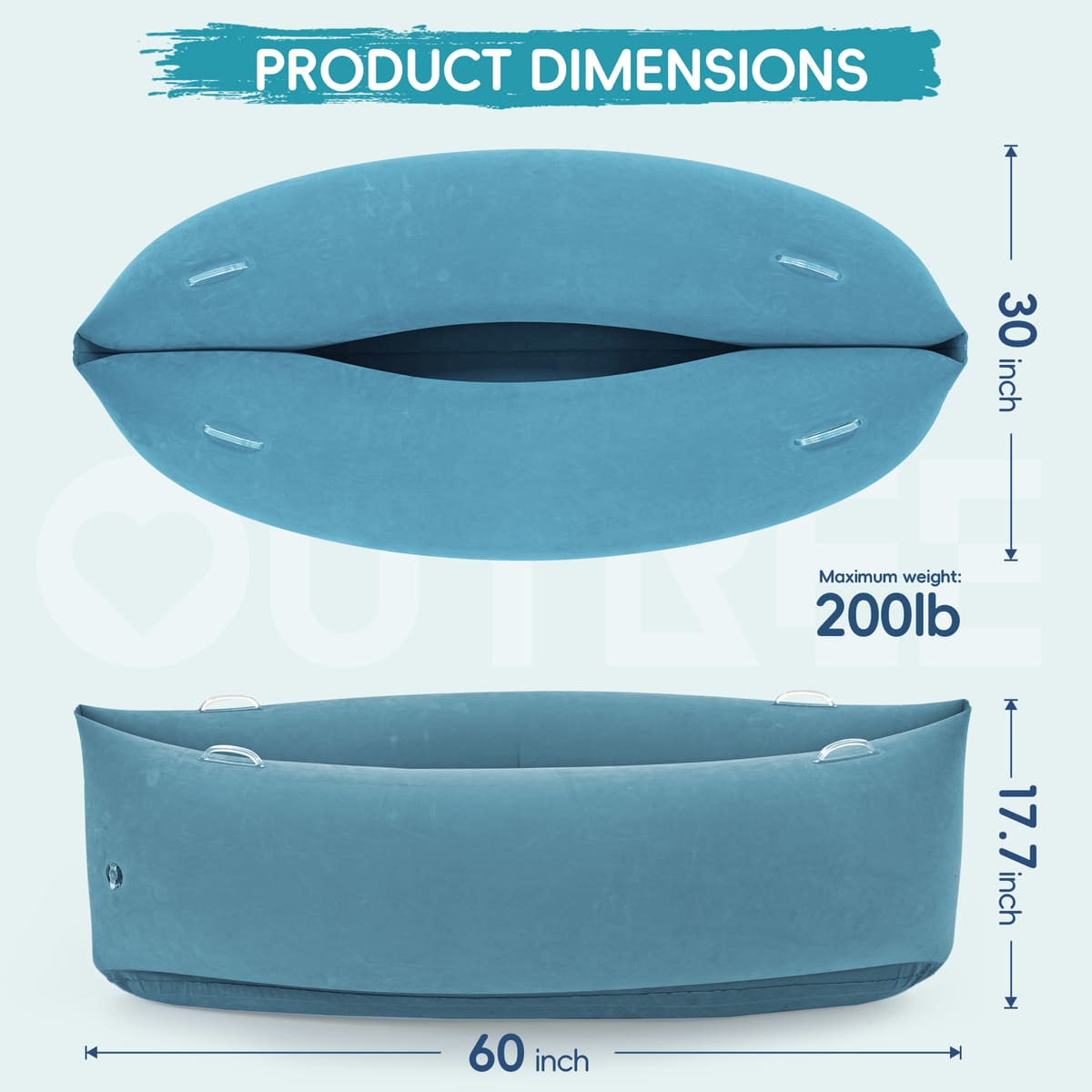 Inflatable pillow with dimensions on a light blue background